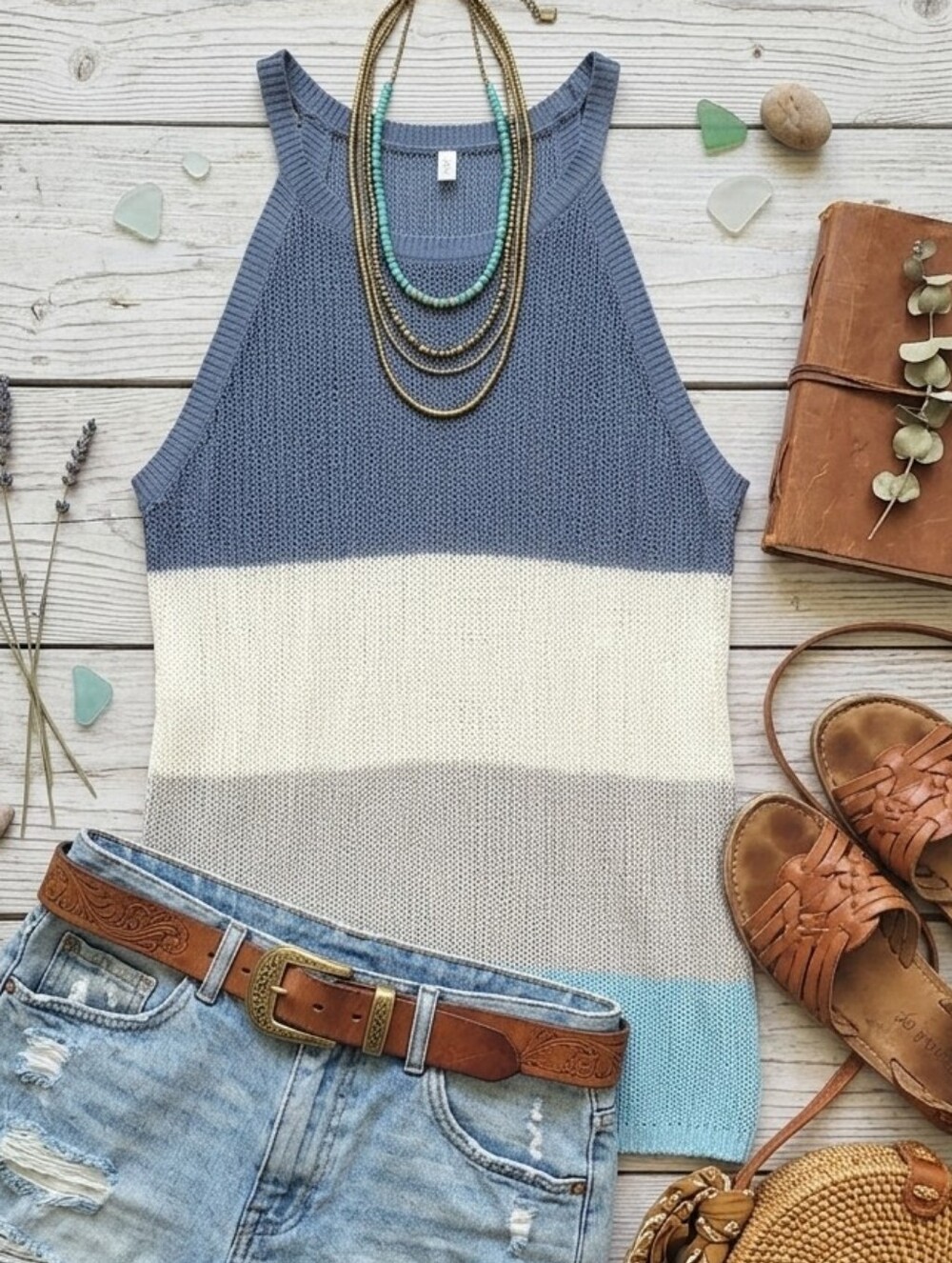Colorblock Striped Knit Halter Tank in Blue, Cream & Gray